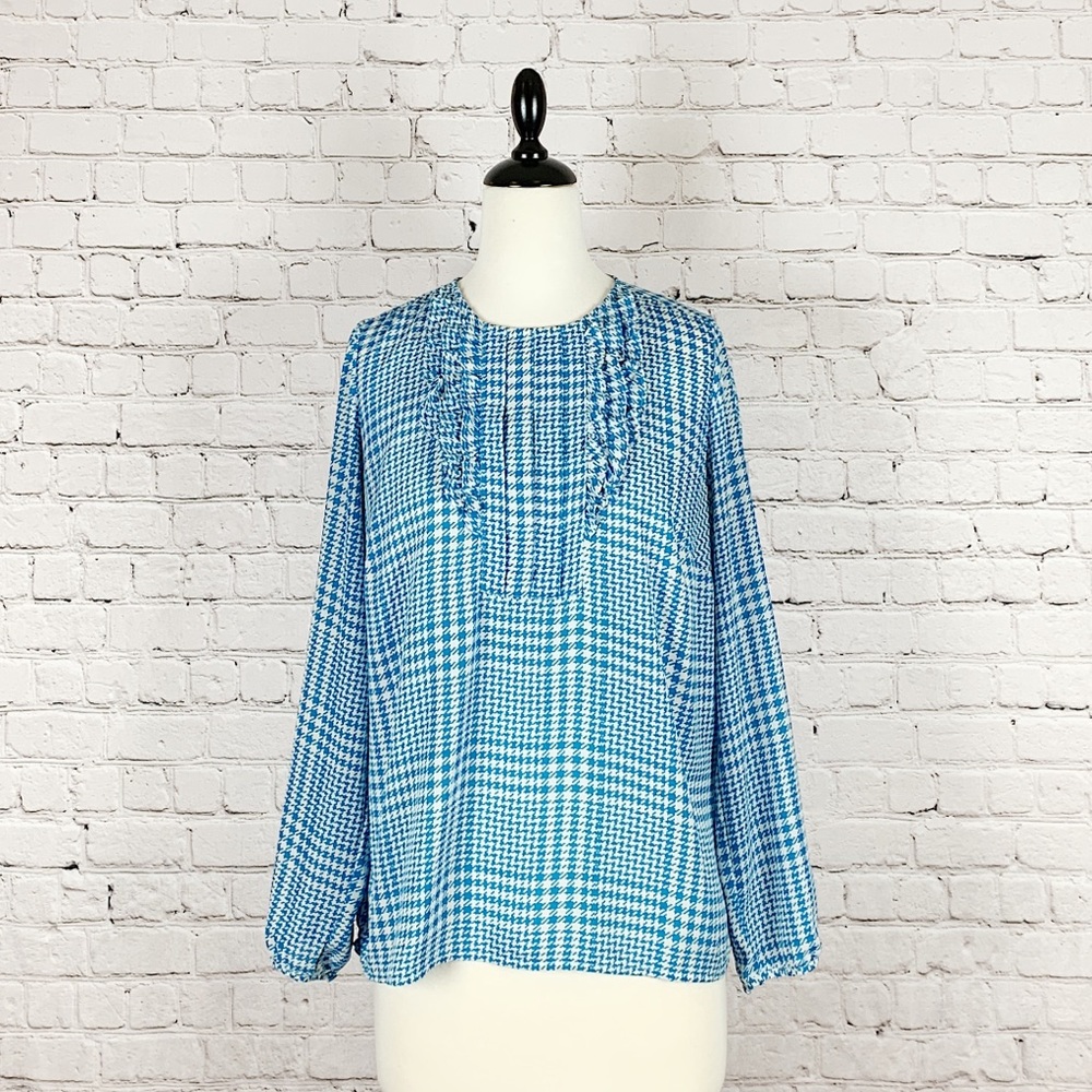 J. CREW ~ Printed Ruffle Blouse in Barcelona Blue
